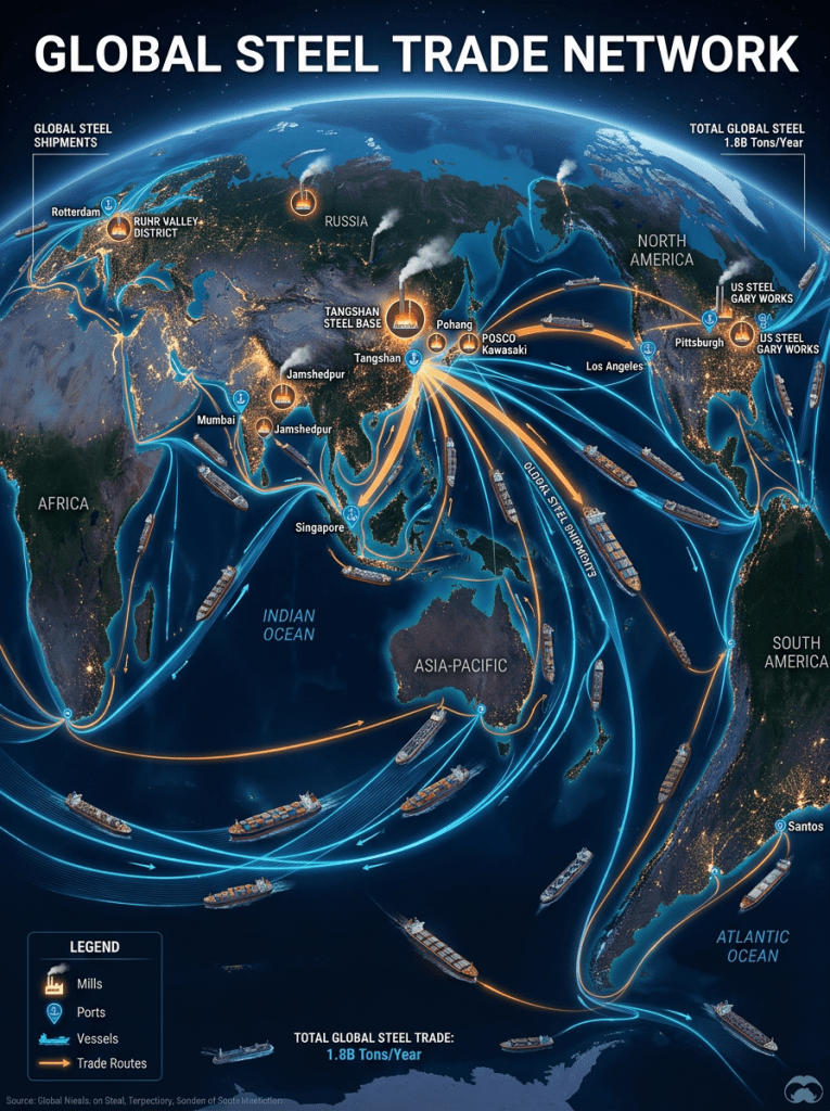 Global steel trade network with mills and shipping